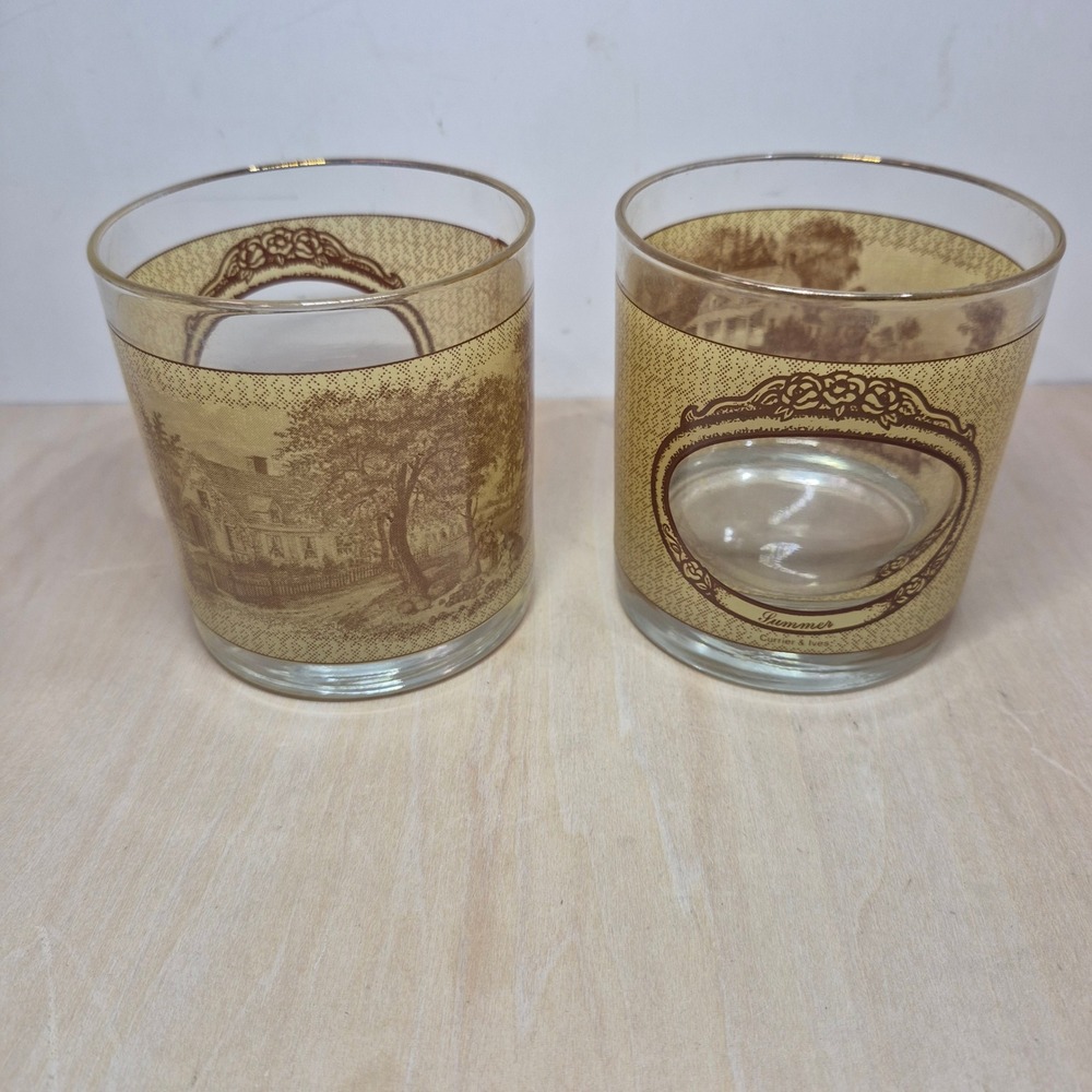 Vintage Currier &‎ Ives Houze Art Glass Rocks Glasses Summer Fall Set of 2